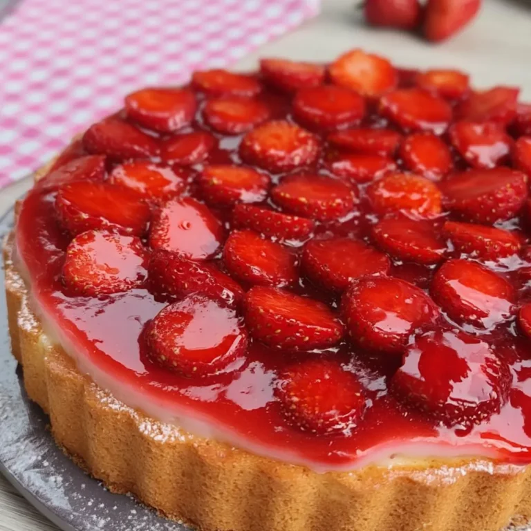 Erdbeerkuchen mit Pudding und Biskuitboden