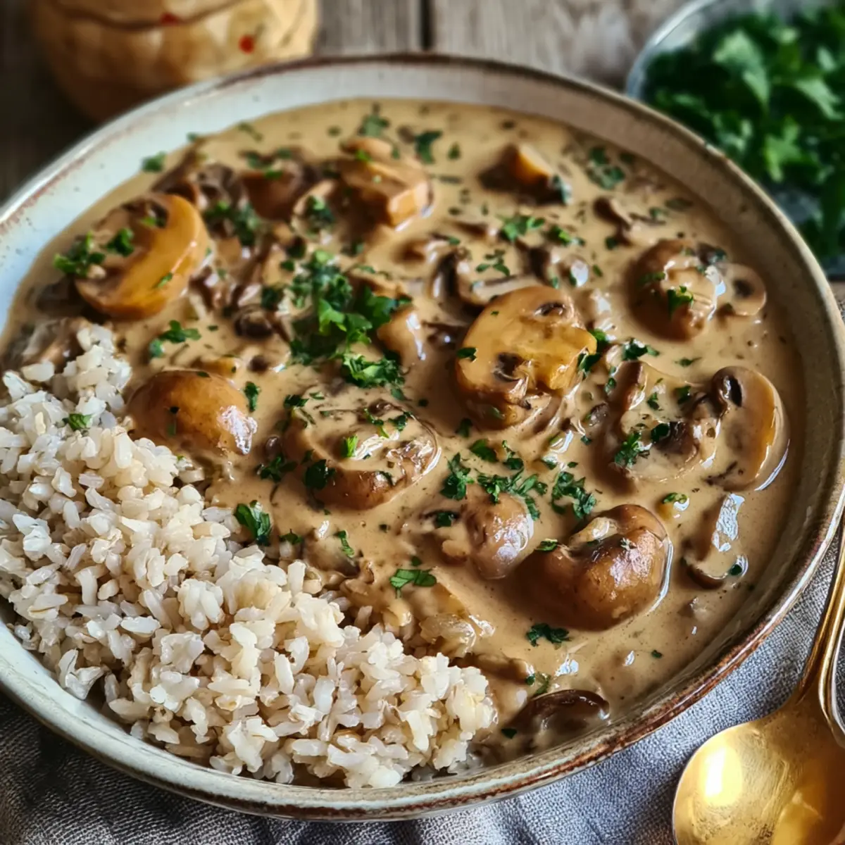 Pilz Stroganoff mit Vollkornreis